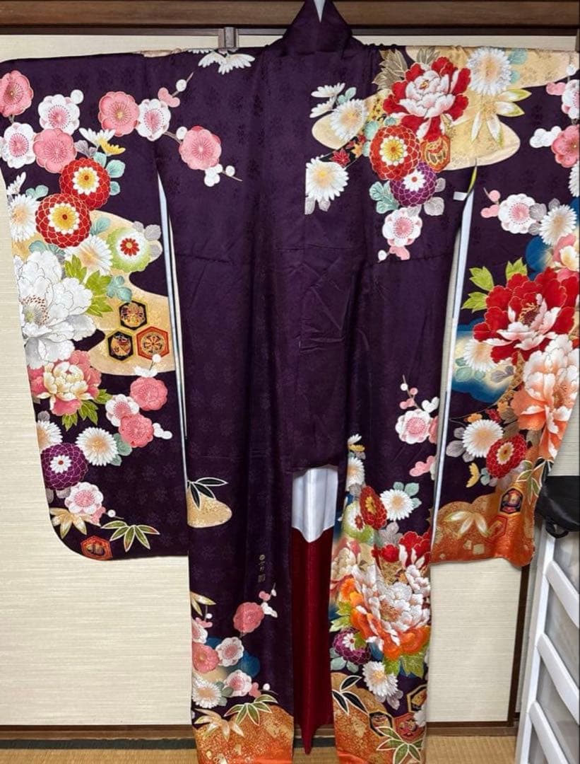 紫 古典柄 花々 振袖 身丈162