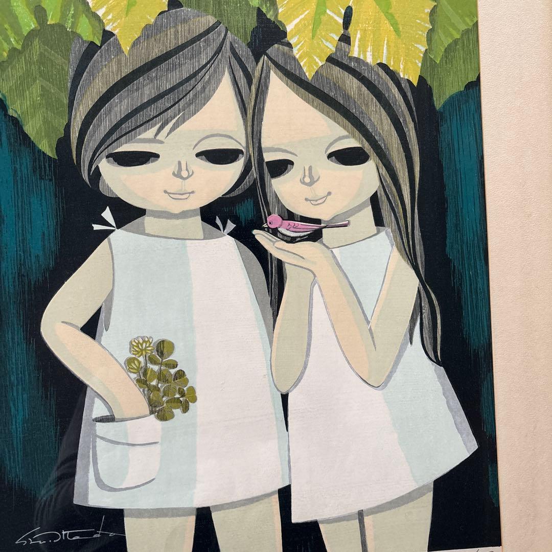 池田修三 「あかいとり」 木版画1976年制作　額入り直筆サイン　人物画希少作品