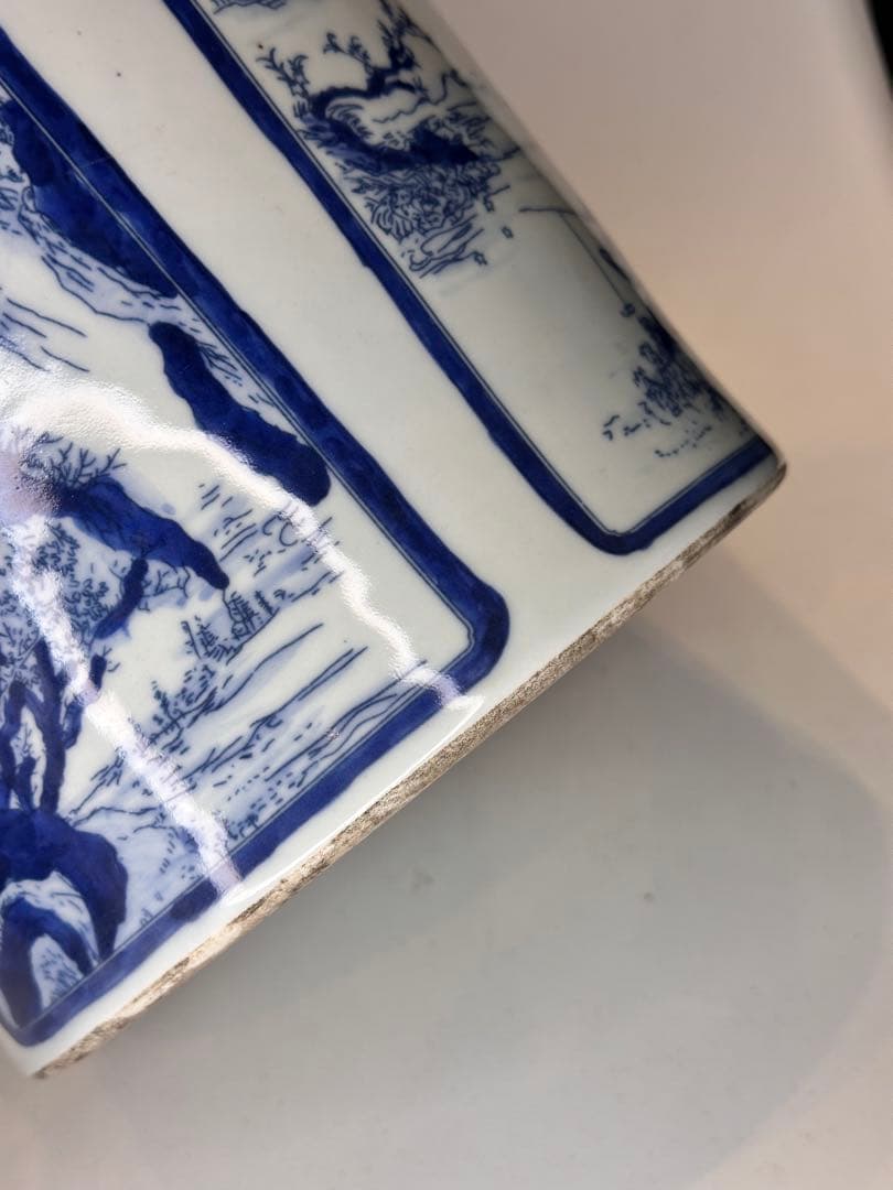 大清康熙年製底款 青花染付 建水 缸 四面開窓人物山水図 时代物 中国古美術