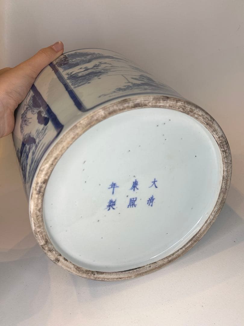 大清康熙年製底款 青花染付 建水 缸 四面開窓人物山水図 时代物 中国古美術