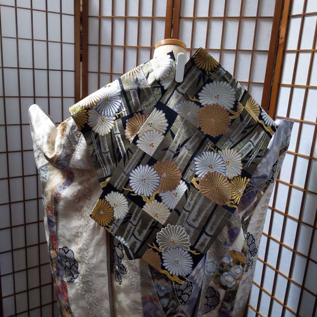 441やまと　金通し　絞り　クリーム灰正絹振袖6点フルセット成人式卒業式謝恩会