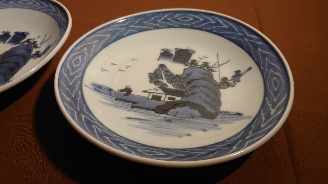 李朝　古玩　古染付　染付　中皿　菓子皿　茶道具　蔵出し　２客