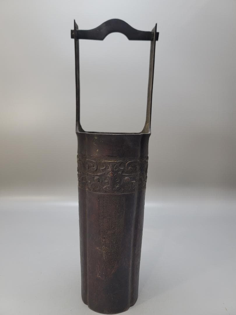 古銅 饕餮紋 手付 桶形 花器 晴眠 骨董品