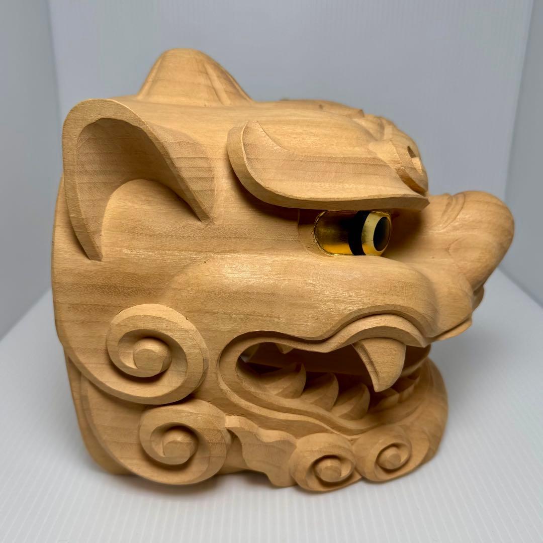 未使用 木彫 獅子頭 横山一夢作 木製 獅子 置物 共箱 説明書 作家物