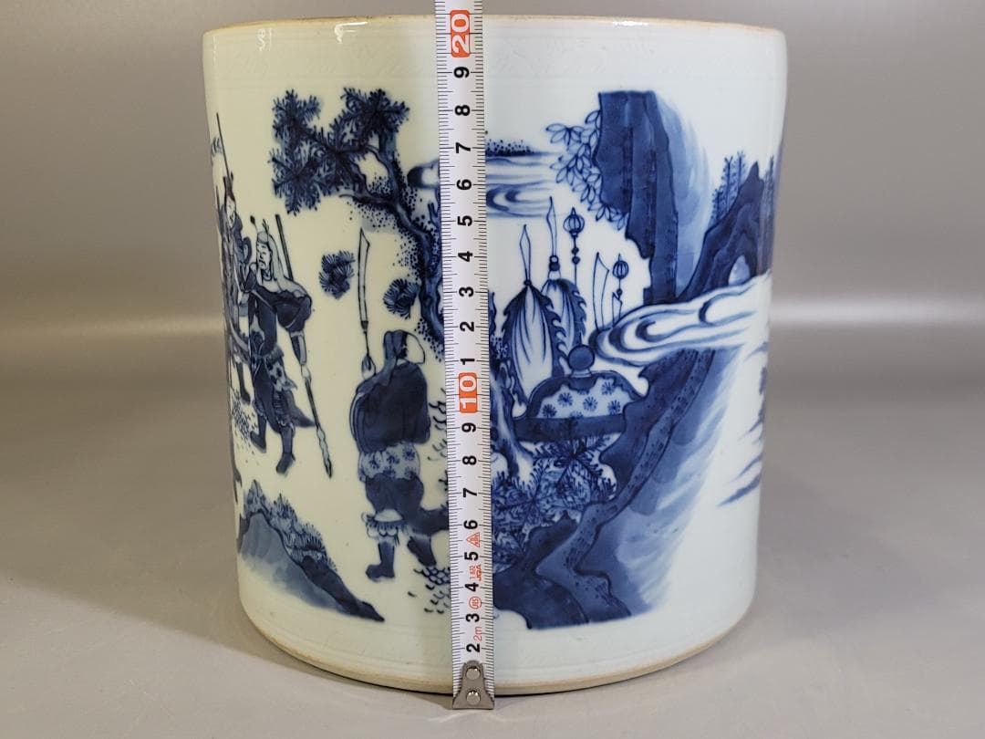 中国 青花 武人紋 紙 筆筒 時代物 古美術 DT442