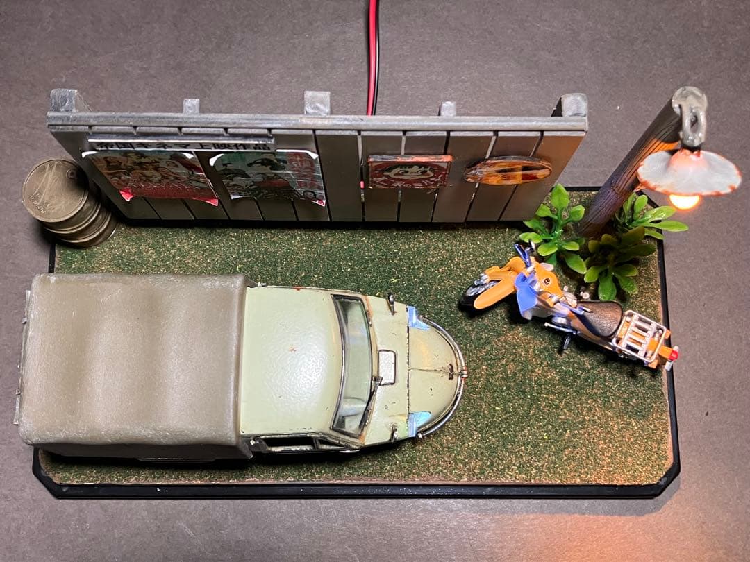 1/32 自作ジオラマ完成品 ミゼット&カブ 昭和レトロな風景 LED照明