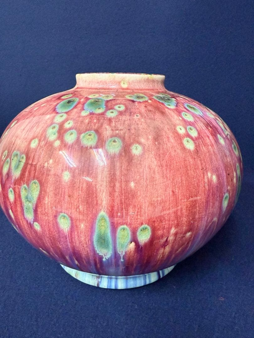 花器 花瓶 飾壺 辰砂釉 孔雀釉 中国美術 重さ約6.4kg 木箱 骨董品