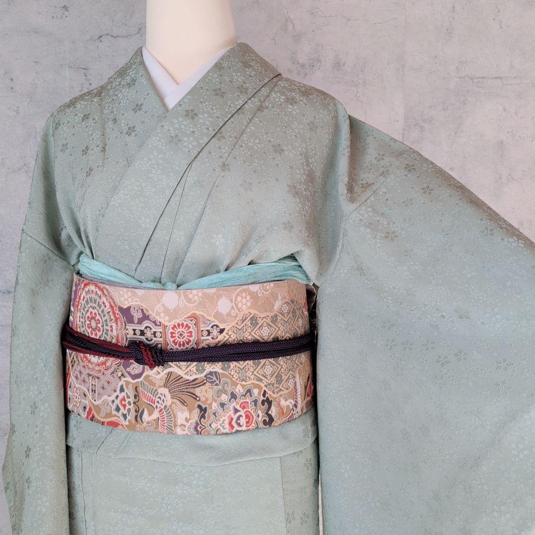 色無地　着物　フルセット　正絹　地紋豪華花　緑　パステルグリーン　爽やか　E1