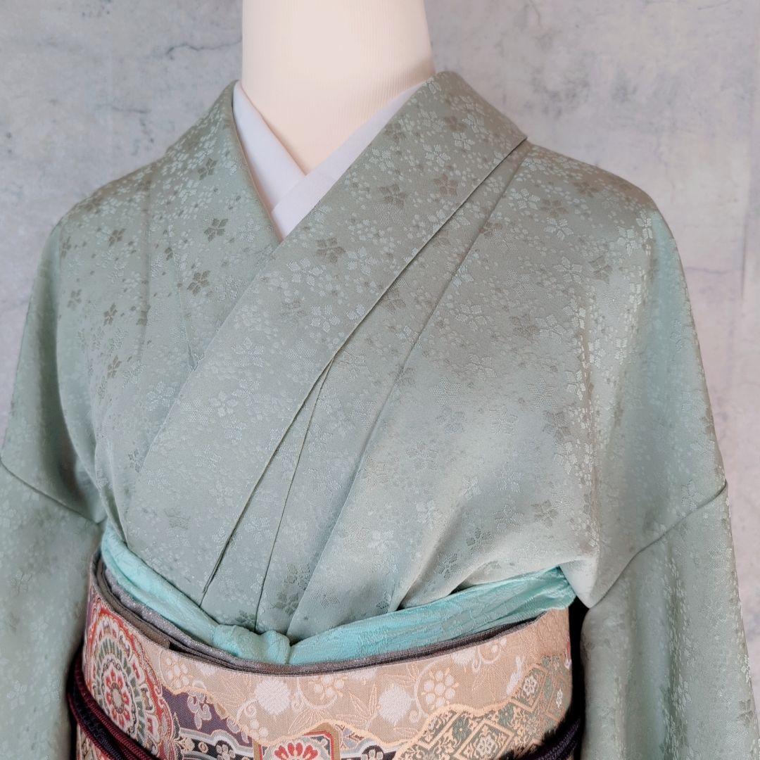 色無地　着物　フルセット　正絹　地紋豪華花　緑　パステルグリーン　爽やか　E1