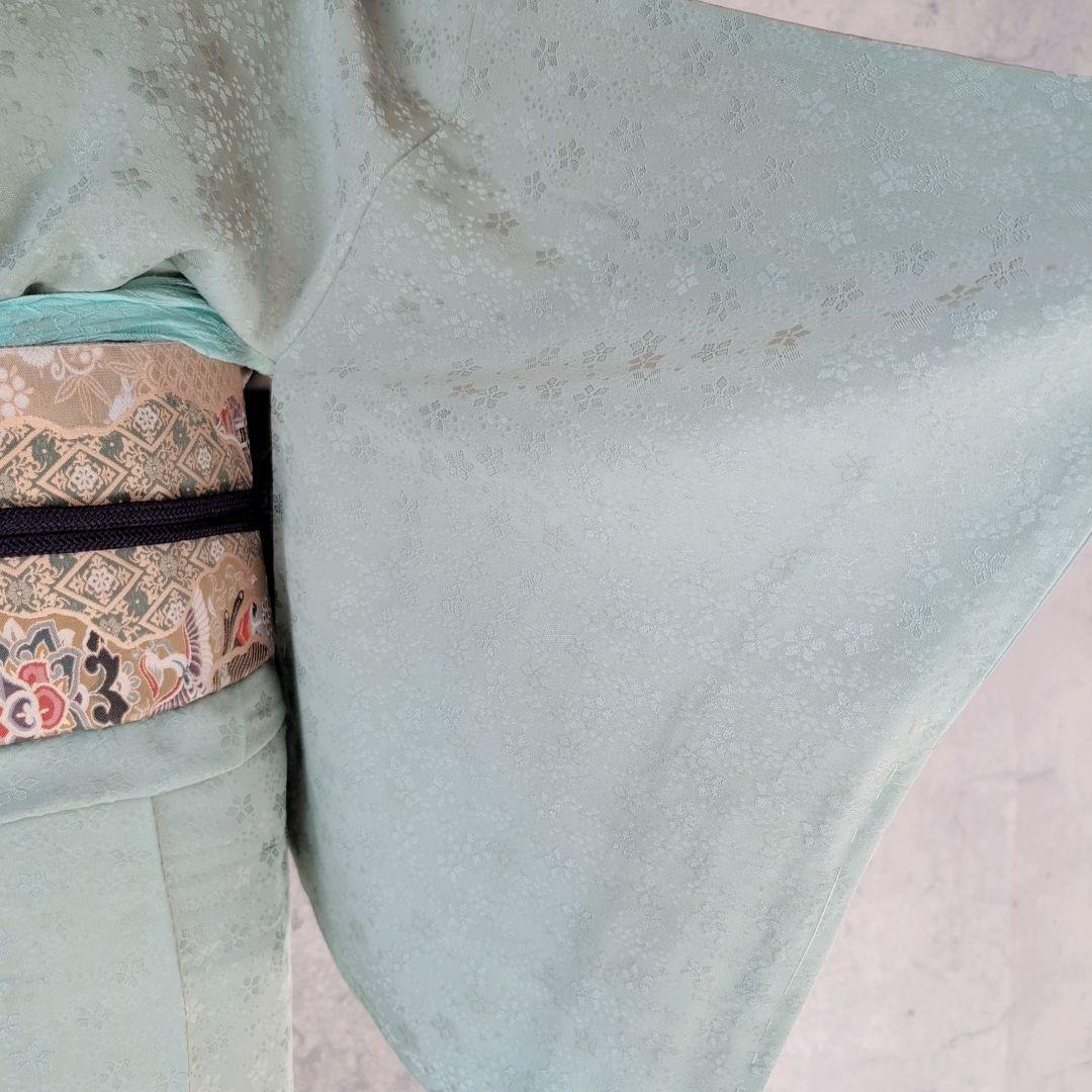 色無地　着物　フルセット　正絹　地紋豪華花　緑　パステルグリーン　爽やか　E1