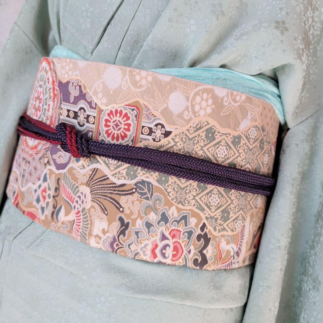 色無地　着物　フルセット　正絹　地紋豪華花　緑　パステルグリーン　爽やか　E1