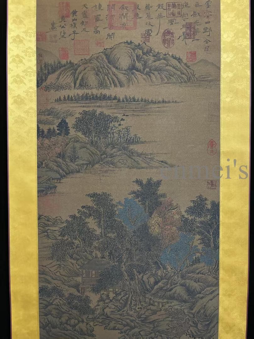 中国古美術 清時代の彩代 絹本手描き 黄公望 山水図 水墨画 三尺 牙軸 古玩