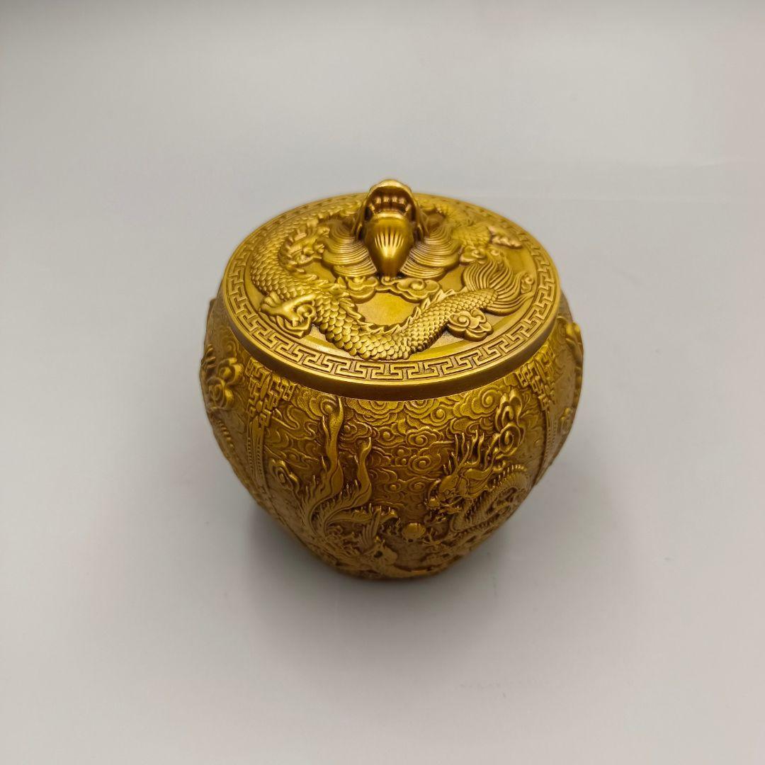 銅 細工 レリーフ龍鳳銅缶 茶缶 貯蔵缶 装飾品 工芸品 置物