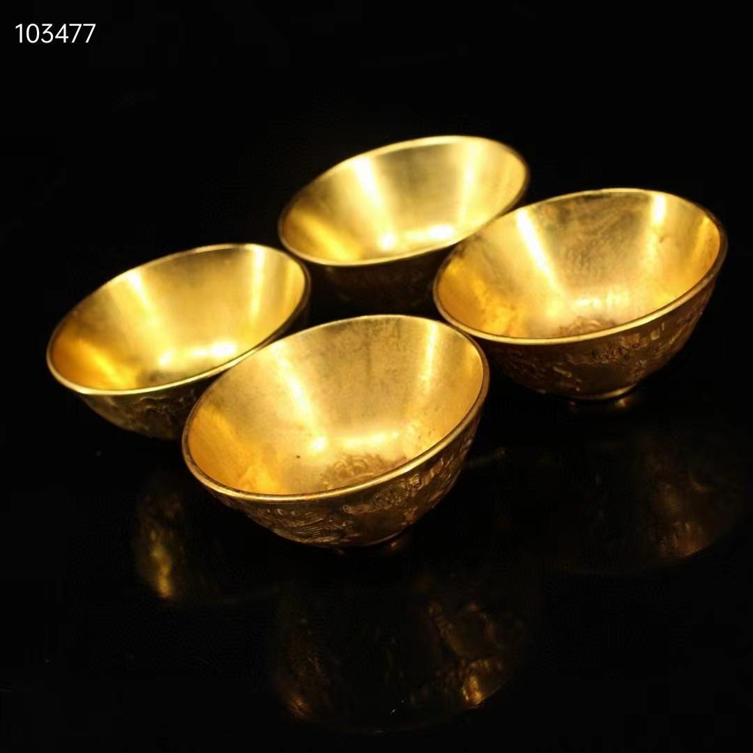 中国古美術・旧蔵收・純銅・純手作り・鎏金四神獣供碗一セット・ 茶道具・置物・食器