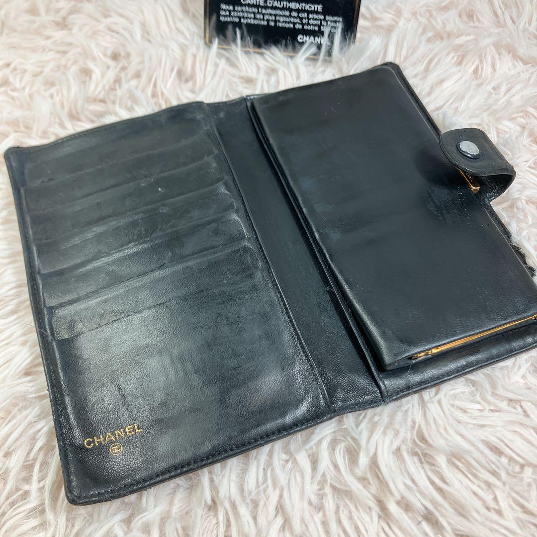 CHANEL ラムスキン ココマーク がま口 長財布 ギャランティカード 黒