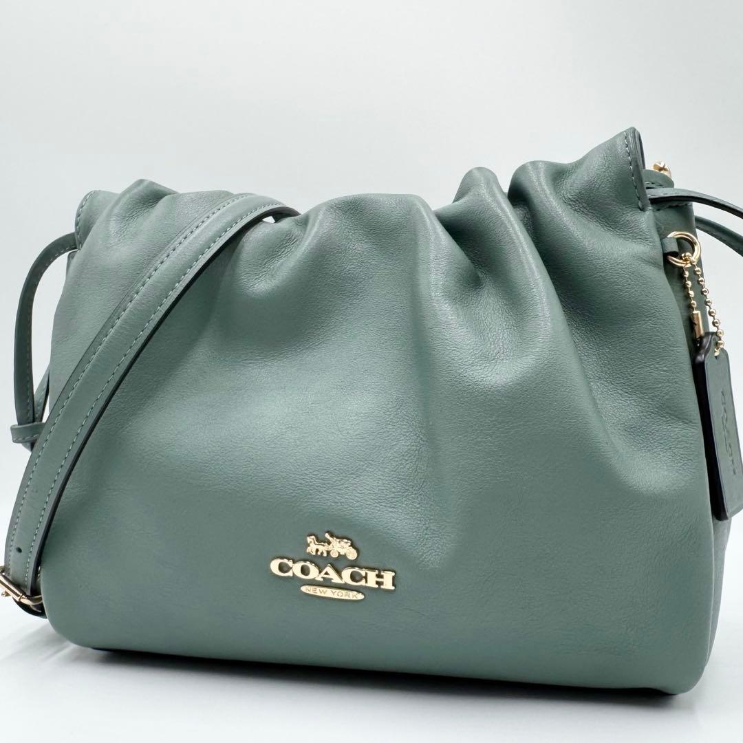 美品✨ コーチ フェイ ドローストリングバッグ レザー 巾着 ゴールド金具 水色