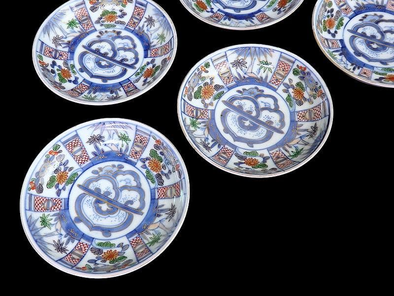 大聖寺伊万里　染錦　割絵　菊に笹の図　４寸皿　５枚　1592AS-DAc