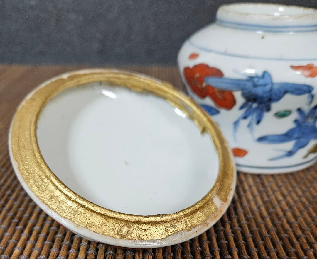 江戸時代後期　古伊万里　染錦　雲鶴　15羽図　蓋付　キャンディーポット　小物入れ