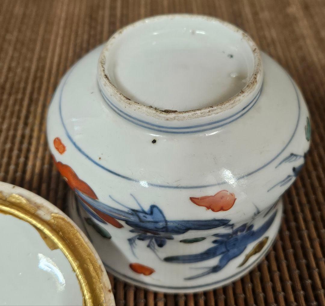 江戸時代後期　古伊万里　染錦　雲鶴　15羽図　蓋付　キャンディーポット　小物入れ