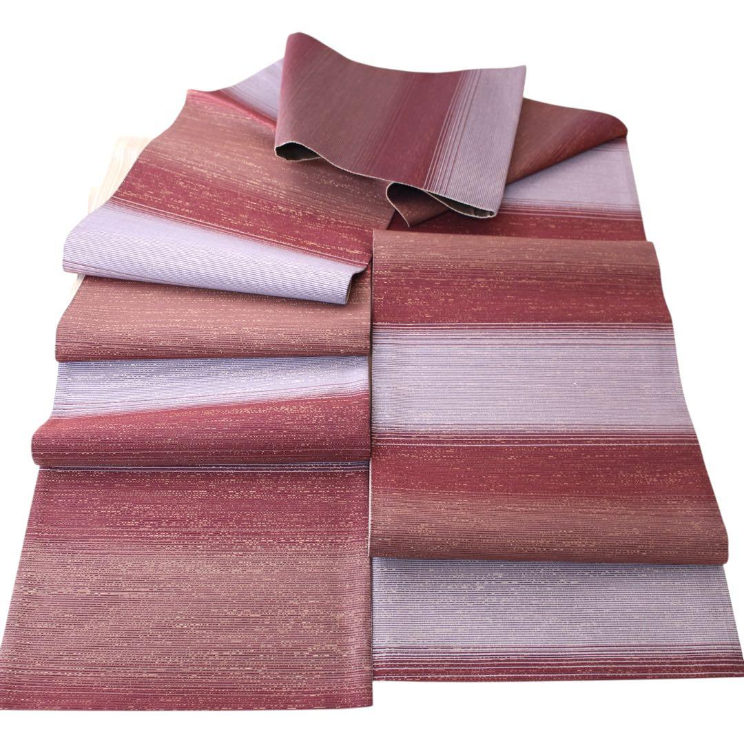 未使用　美品　横段模様織出し全通袋帯　リバーシブル　長尺　ブラウン系　d60