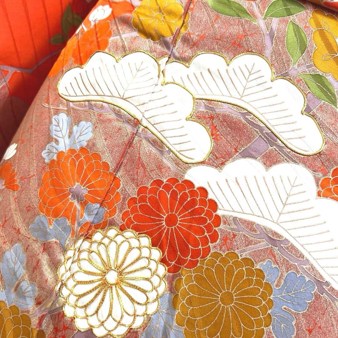451 振袖フルセット 正絹 朱 オレンジ 金彩 駒刺繍 古典 松竹梅