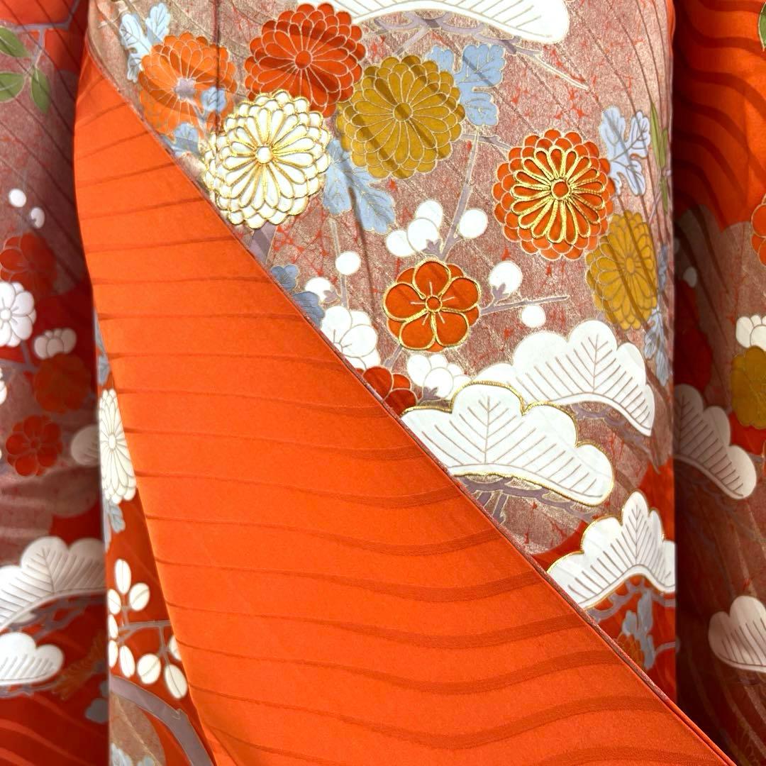 451 振袖フルセット 正絹 朱 オレンジ 金彩 駒刺繍 古典 松竹梅