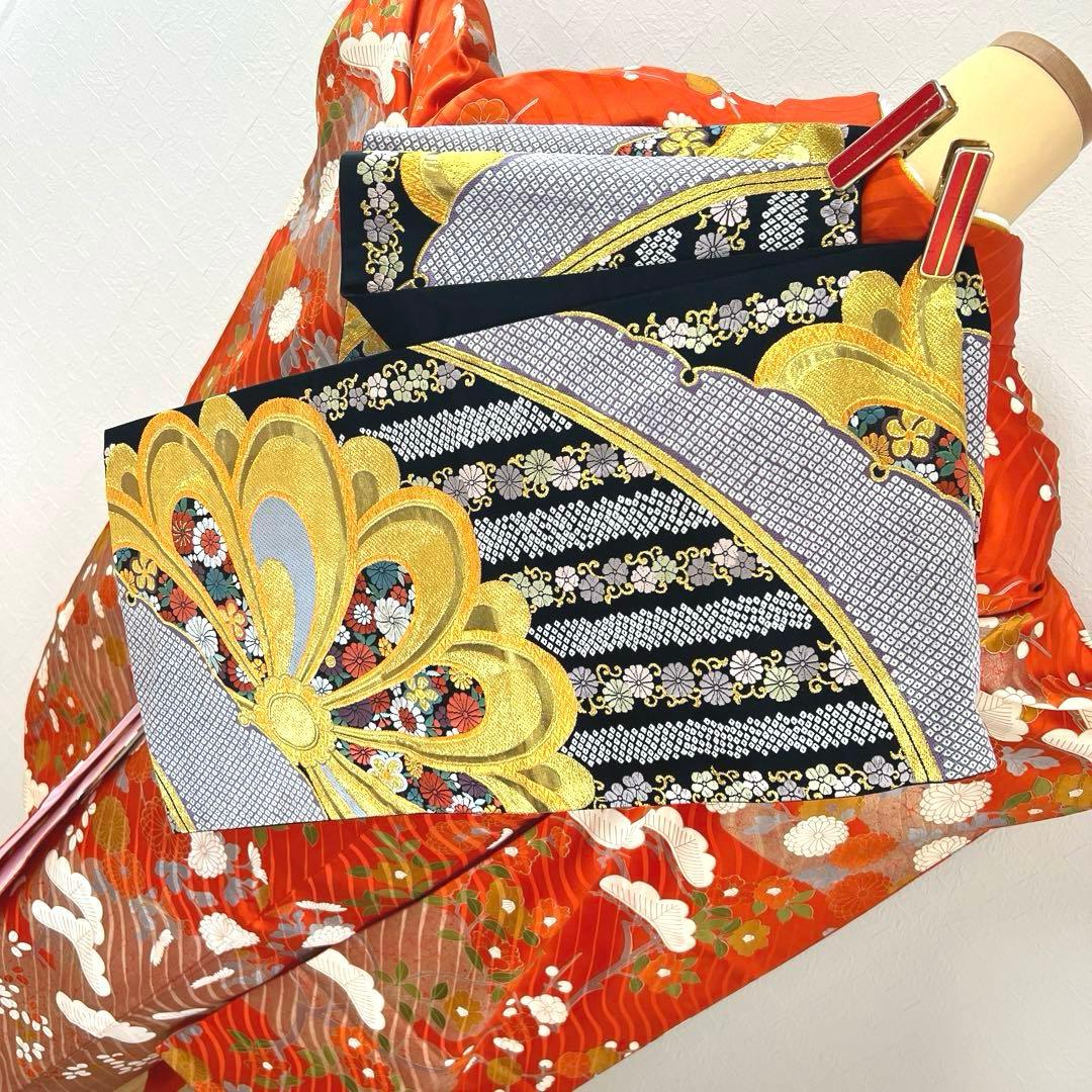 451 振袖フルセット 正絹 朱 オレンジ 金彩 駒刺繍 古典 松竹梅