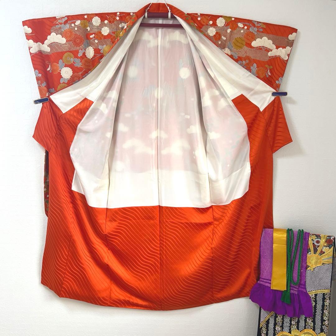 451 振袖フルセット 正絹 朱 オレンジ 金彩 駒刺繍 古典 松竹梅