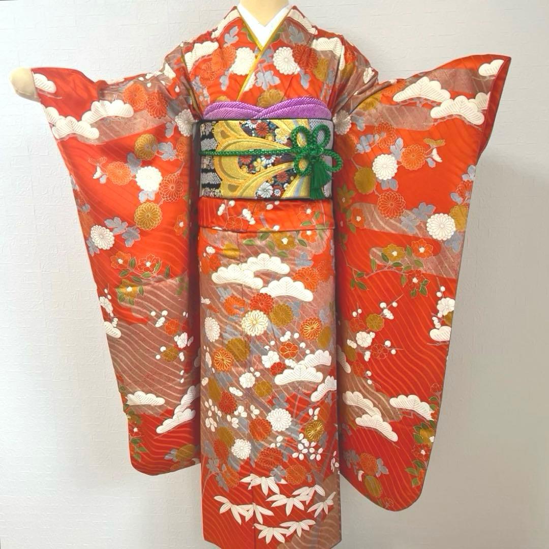 451 振袖フルセット 正絹 朱 オレンジ 金彩 駒刺繍 古典 松竹梅