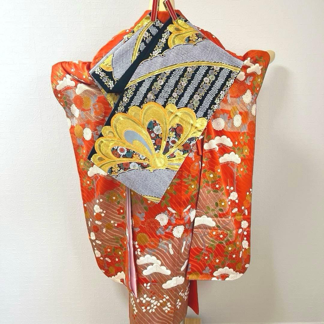 451 振袖フルセット 正絹 朱 オレンジ 金彩 駒刺繍 古典 松竹梅