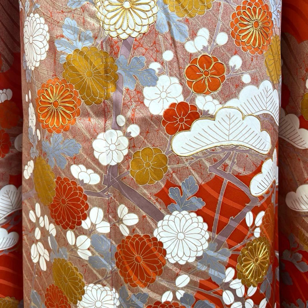 451 振袖フルセット 正絹 朱 オレンジ 金彩 駒刺繍 古典 松竹梅