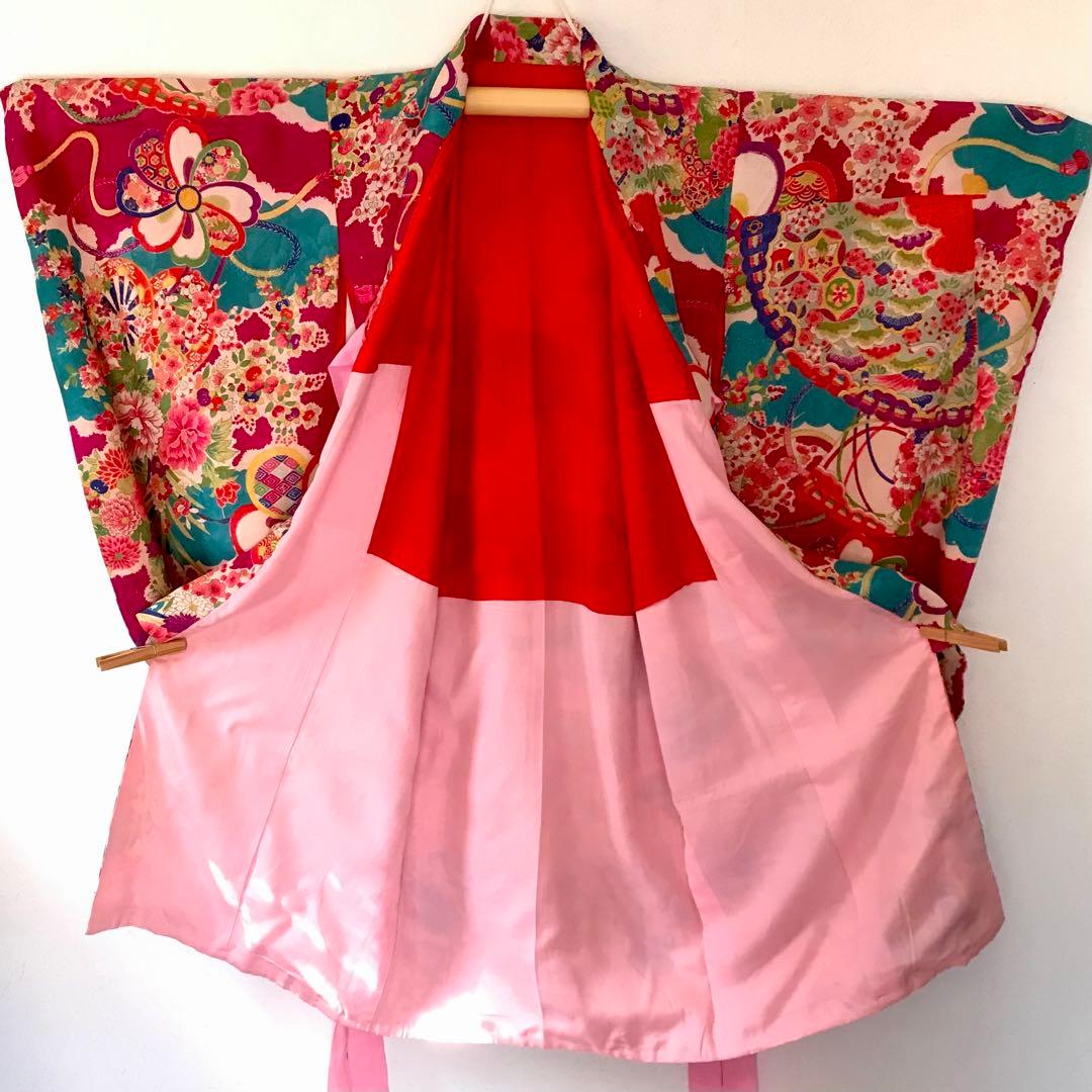 正絹 アンティーク着物 女の子 七五三 ◇檜扇 花車 古典柄