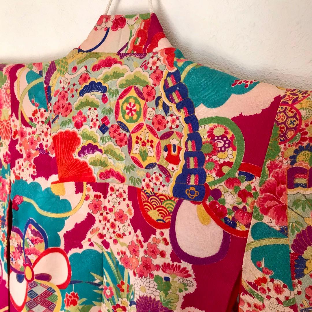 正絹 アンティーク着物 女の子 七五三 ◇檜扇 花車 古典柄