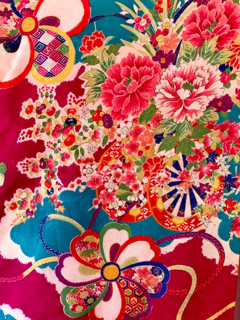 正絹 アンティーク着物 女の子 七五三 ◇檜扇 花車 古典柄