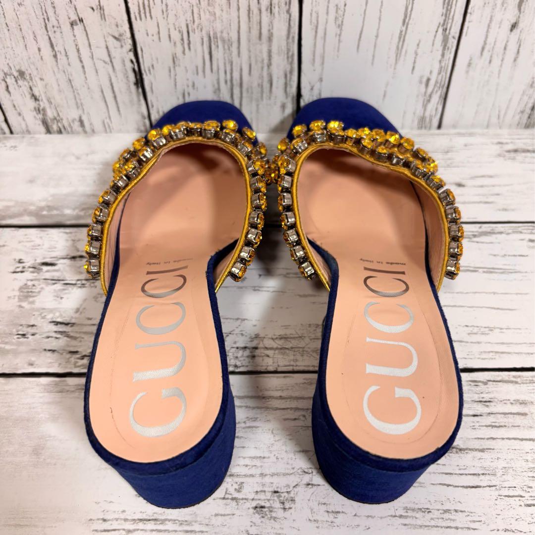 GUCCI ベロア サンダル ミュール リボン ビジュー チャンキーヒール.