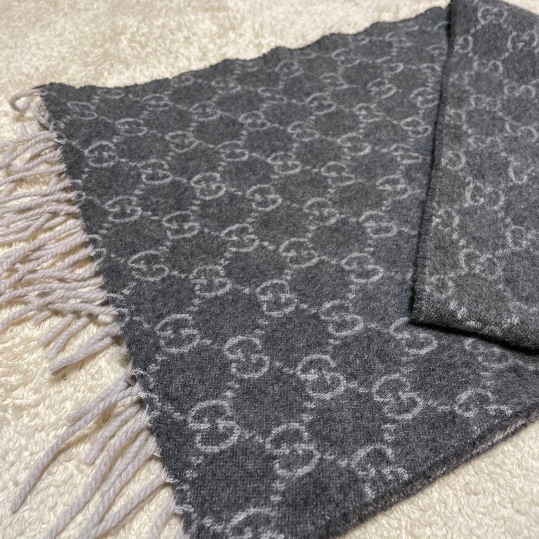 GUCCI グッチ GG柄 マフラー ストール フリンジ ウール グレー系正規品