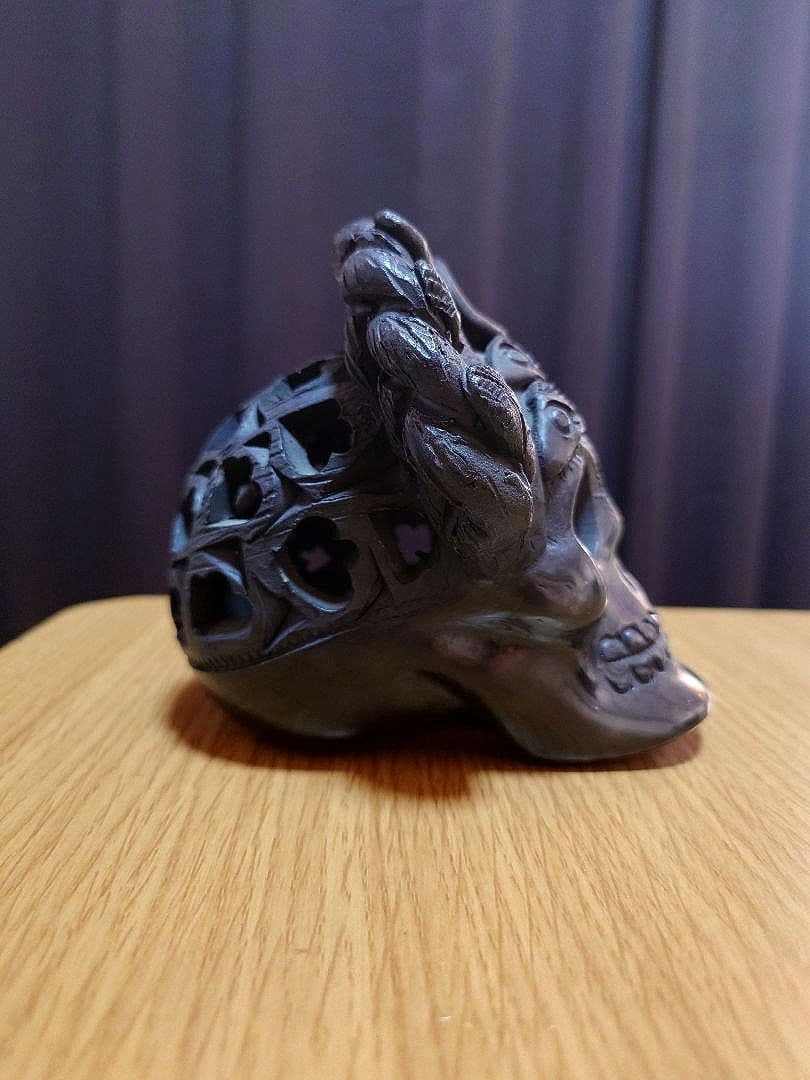 メキシコ雑貨 オアハカ製黒泥頭蓋骨 置物 希少 工芸品