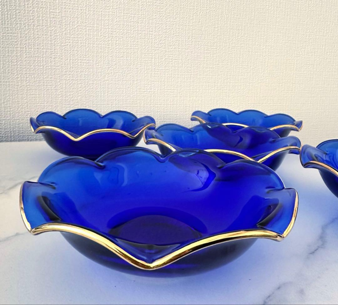 【未使用】河上恭一郎　瑠璃金縁　輪花皿　クリスタル ガラス　5枚　青　銀座和光