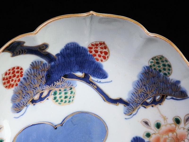 古伊万里　染付　三蓋松に牡丹の図　大膾皿　２客　江戸期　B231AS-CAj