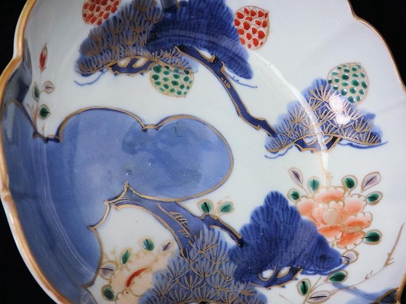 古伊万里　染付　三蓋松に牡丹の図　大膾皿　２客　江戸期　B231AS-CAj