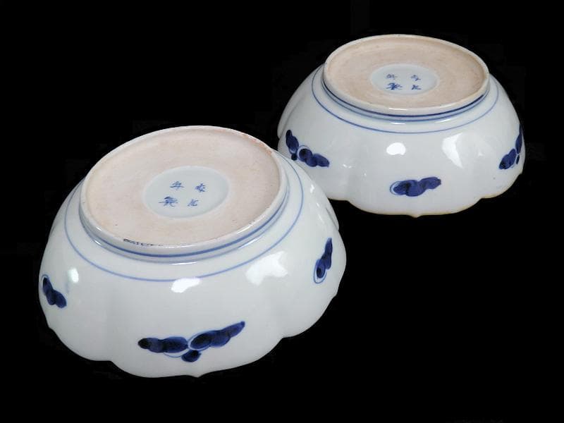 古伊万里　染付　三蓋松に牡丹の図　大膾皿　２客　江戸期　B231AS-CAj