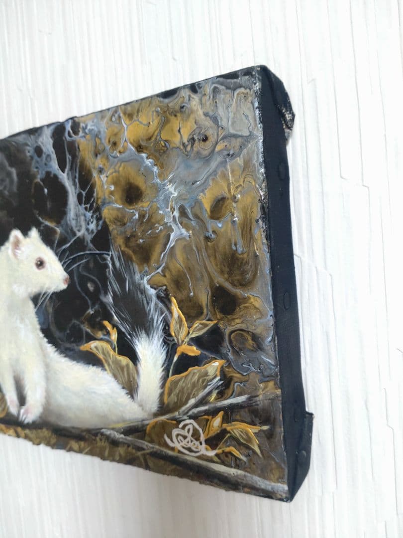 オコジョの油絵【白い妖精】作者サイン入り/真作/フルイドアート