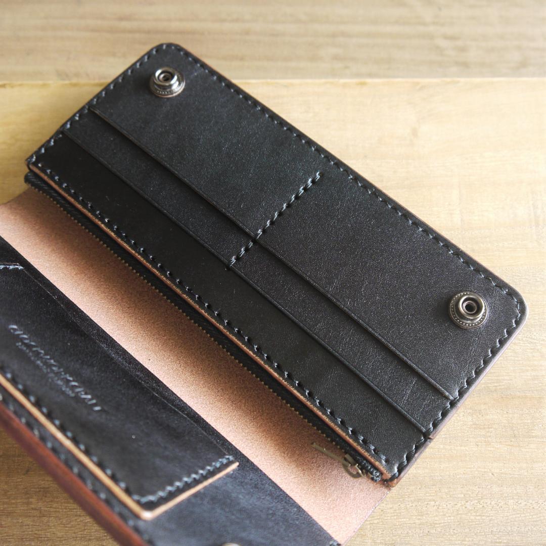 ヌメ革　栃木レザー　サドルレザー　赤タグ付き　トラッカーウォレット　黒