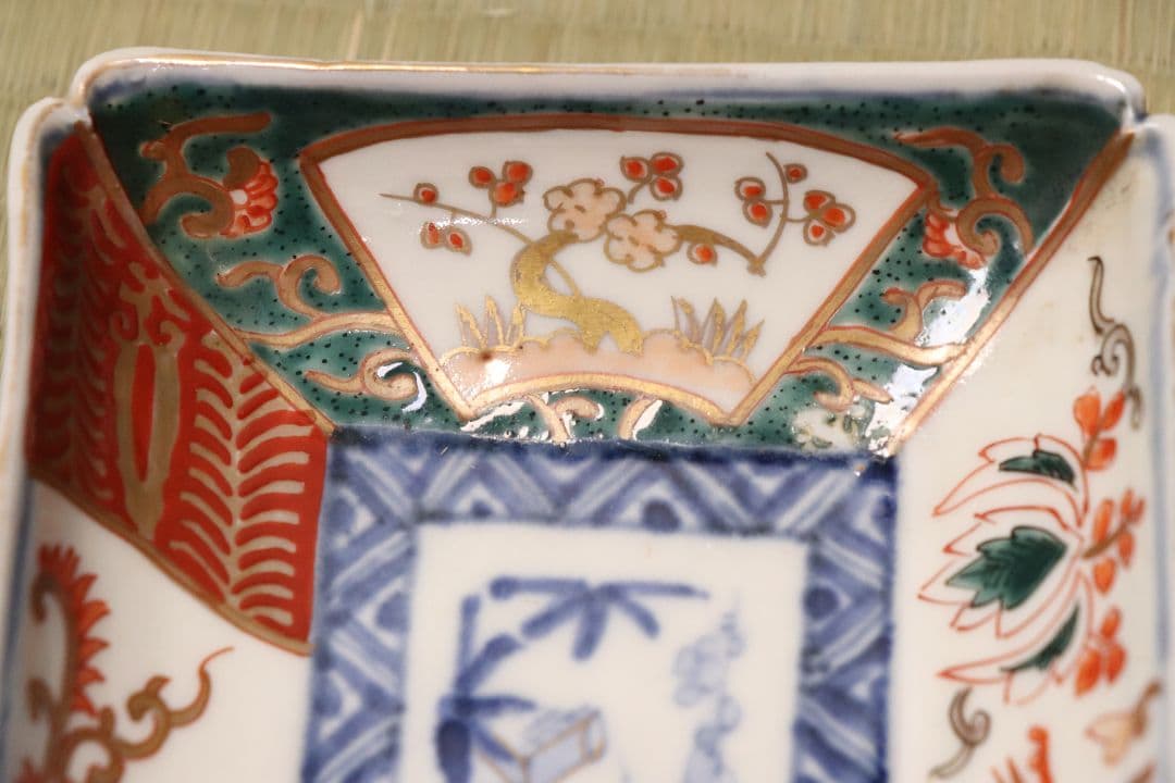 【CM51】古伊万里 色絵 長方刺身皿 角皿 五客 桐鳳凰 松竹梅 扇面 花唐草