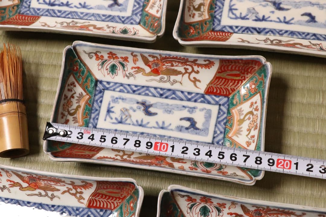 【CM51】古伊万里 色絵 長方刺身皿 角皿 五客 桐鳳凰 松竹梅 扇面 花唐草