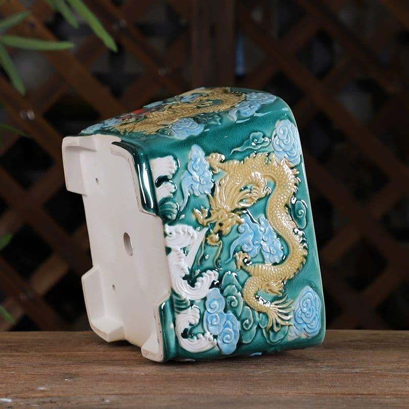 レリーフ竜丸角四方鉢 多肉菖蒲盆栽 植木鉢 小品盆栽鉢 大品盆栽鉢