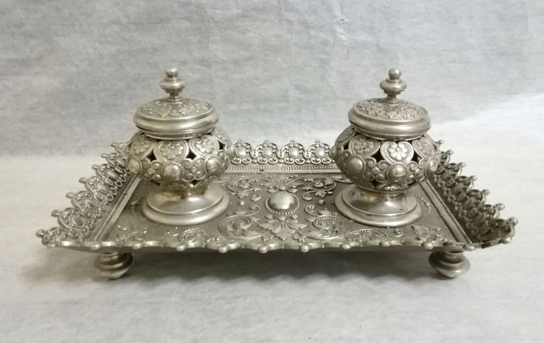 逸品　ナポレオン三世　フランス　真鍮製　ダブルインクポット　トレー　アンティーク