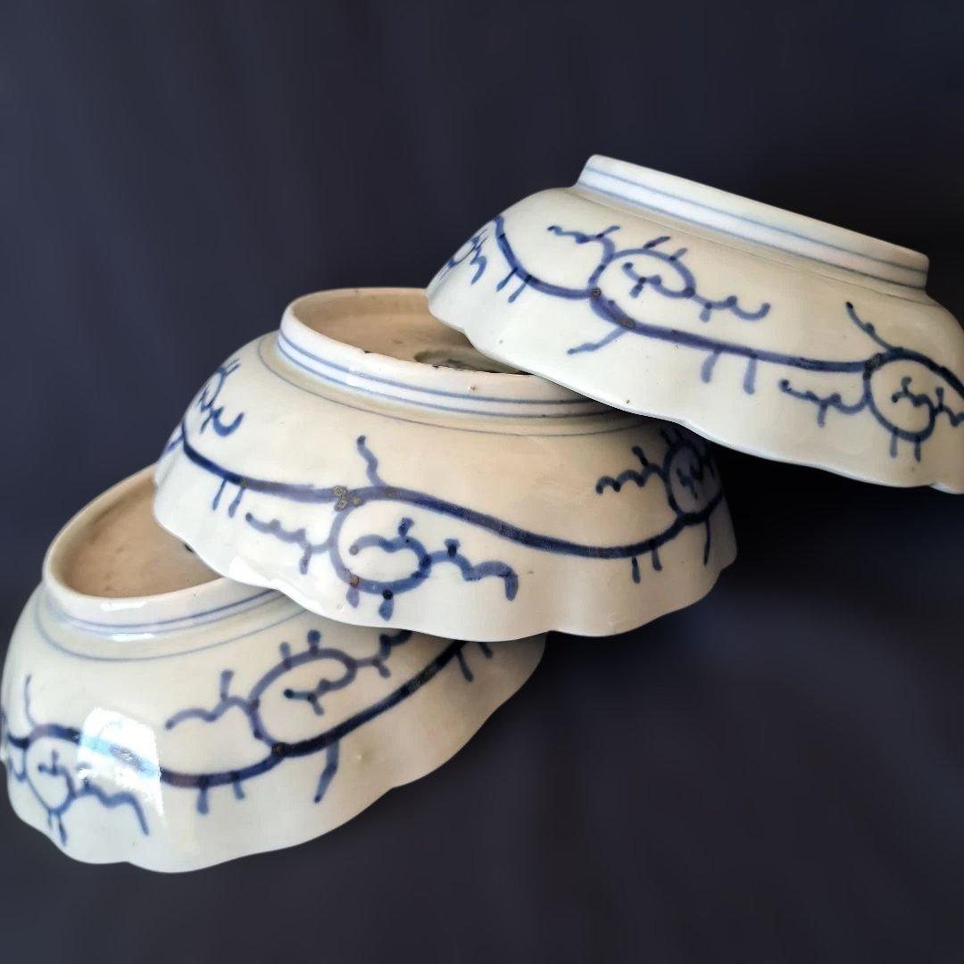 「人気の微塵(みじん)唐草文」 古伊万里皿(直径15.5cm) 3客セット 骨董