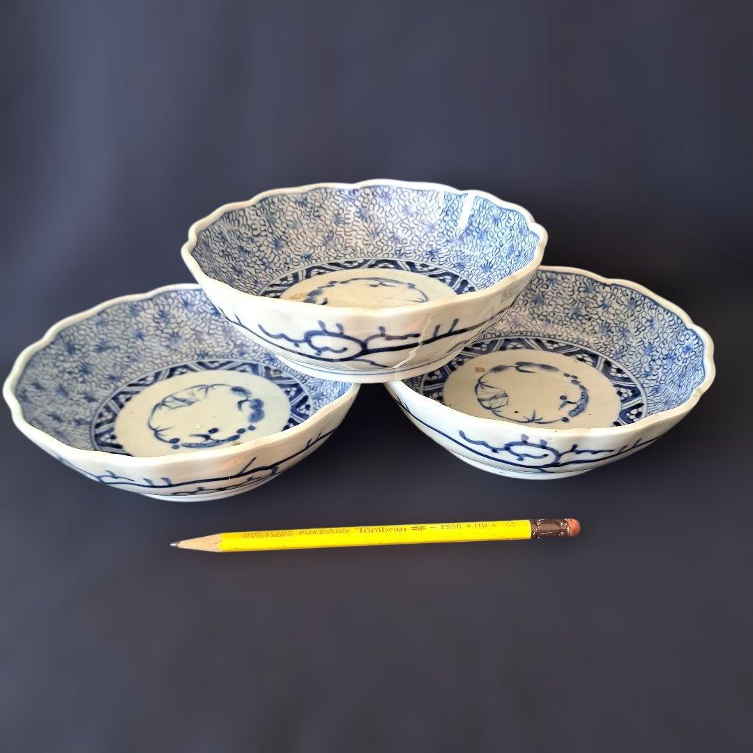 「人気の微塵(みじん)唐草文」 古伊万里皿(直径15.5cm) 3客セット 骨董