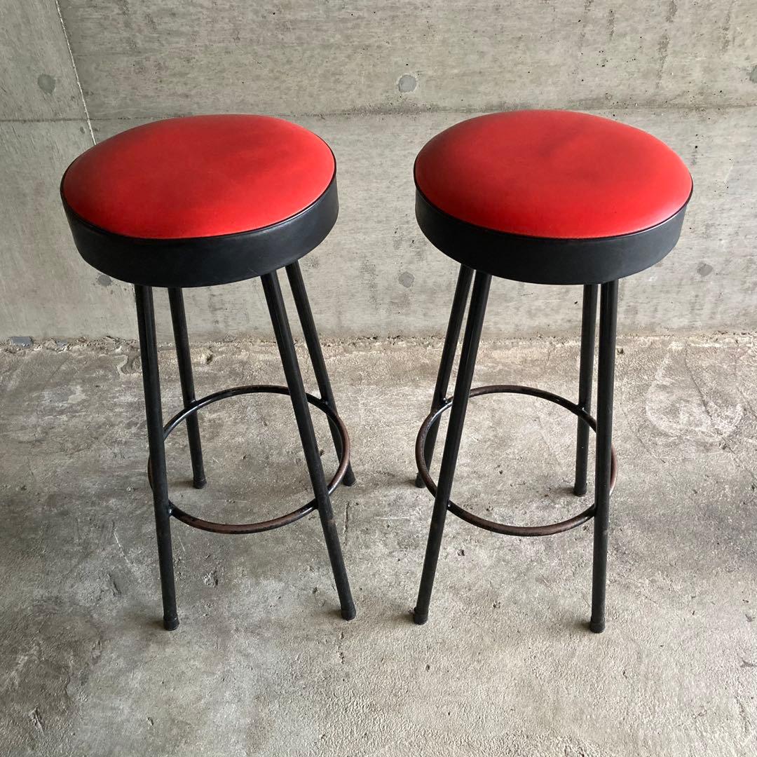 ハイスツール 丸椅子 チェア 鉄脚 アイアン 食堂 赤黒 2脚 ポップ レトロ